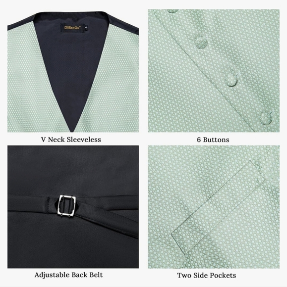 (2) M&L Sage patterned Waistcoat Vest, Tie, Handkerchief, pin & Cufflinks Set - Picture 2 of 11